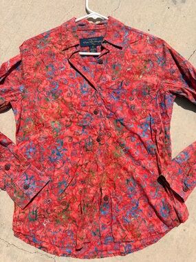 Coral handcrafted 100% cotton Button-Front Shirt, cool batik S